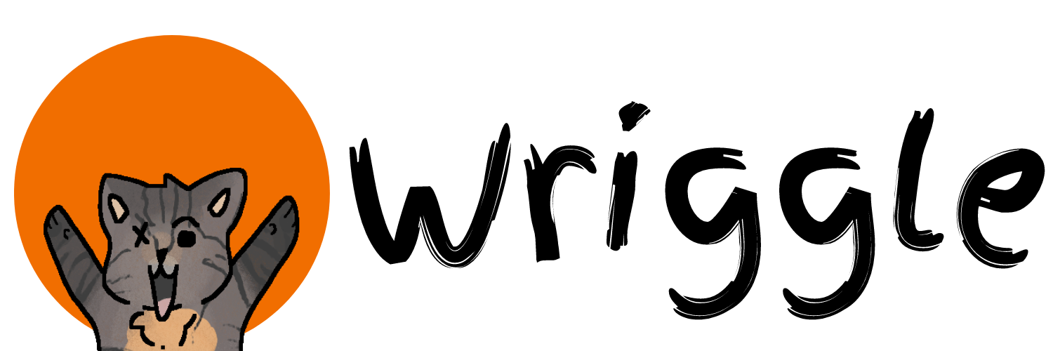 Wriggle Logo - Tabby cat with arms in air in front of an orange circle
